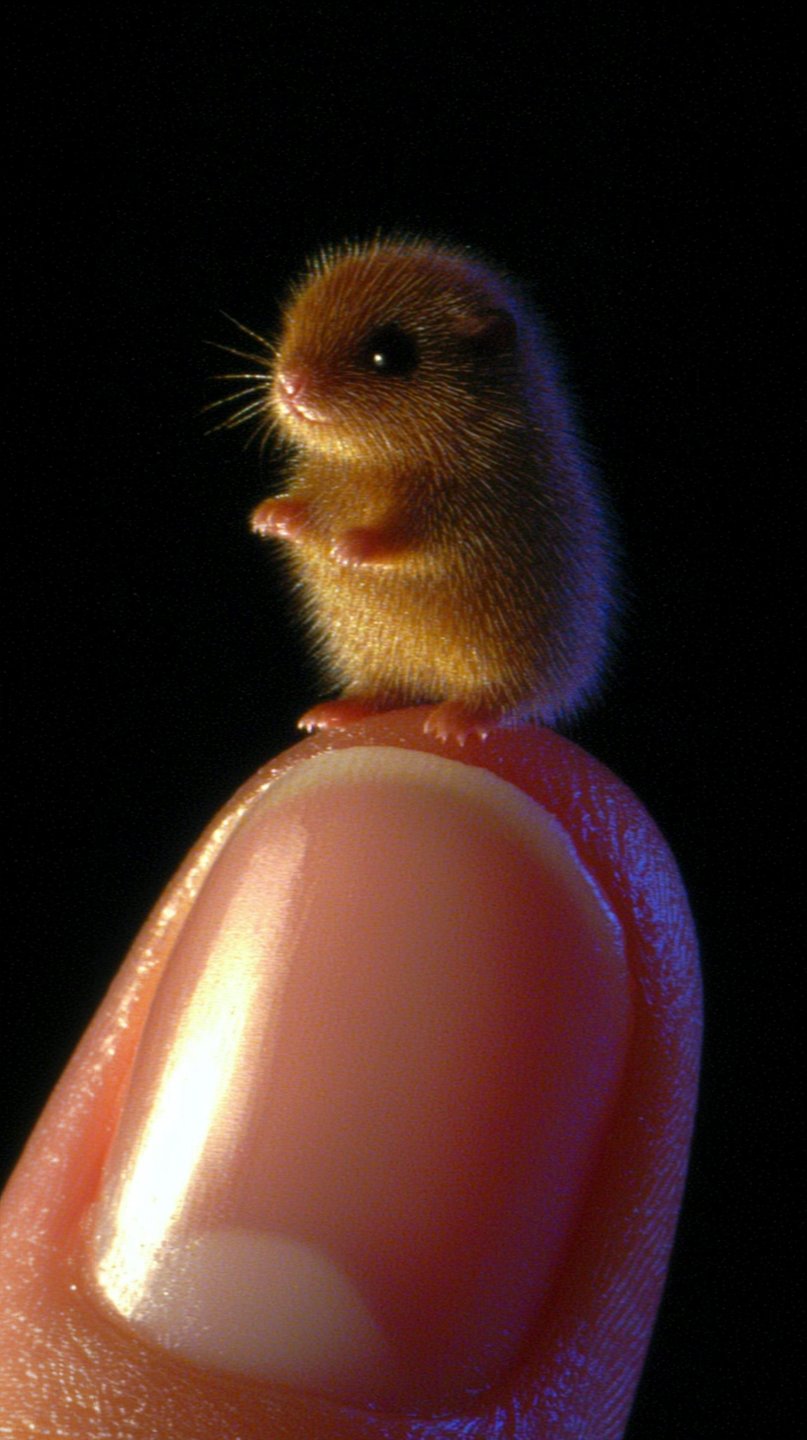 Tiny golden fuzzy creature with whiskers balancing on a human fingernail tip against a dark, high-contrast background.