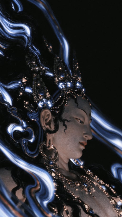 Serene crowned deity in profile surrounded by swirling blue and orange light trails against a dark background.