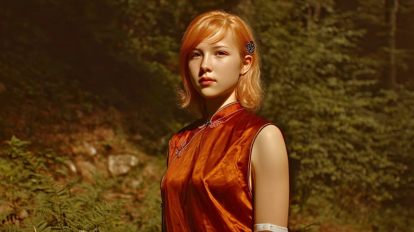 Young woman with orange hair wearing a copper satin qipao in a sun-dappled forest with ferns.