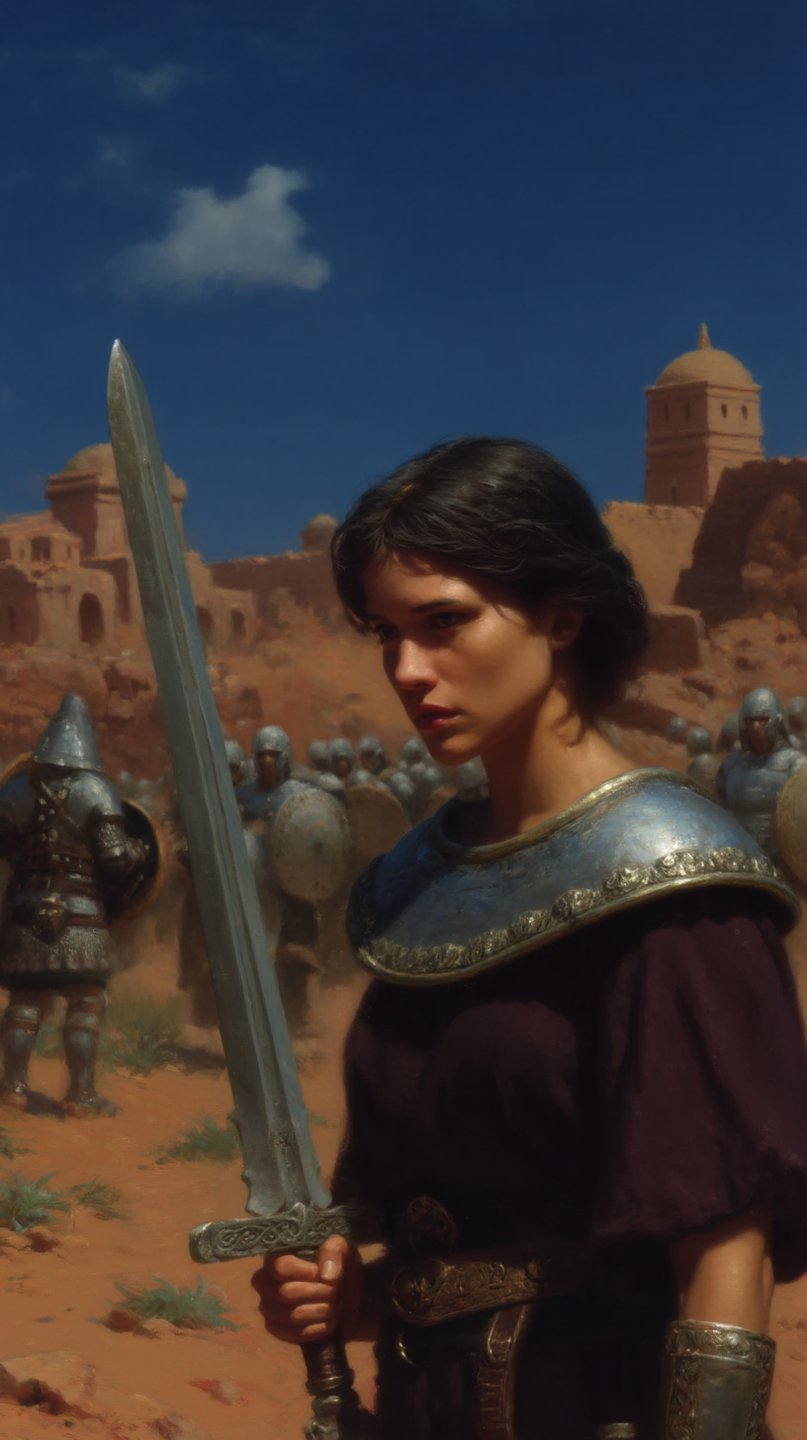 A determined female warrior holds a large sword before an armored army and adobe desert buildings.