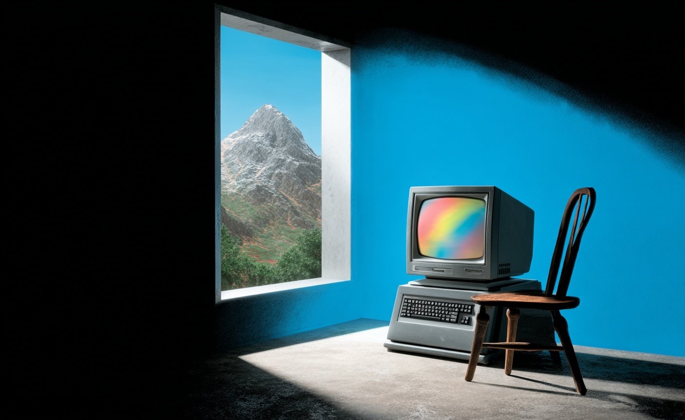 Vintage computer and wooden chair in a dark room with a window overlooking a sunny mountain peak.