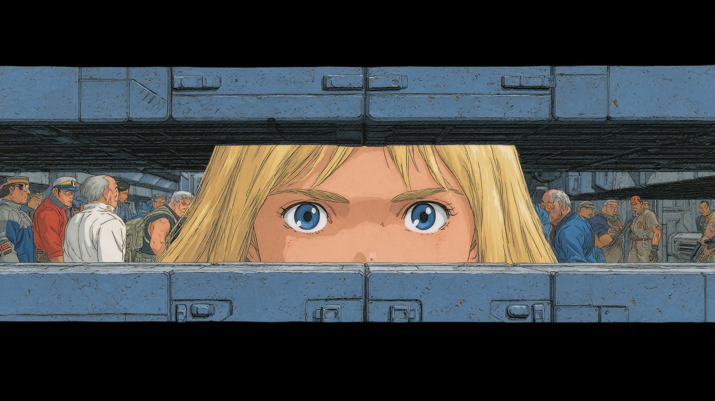 Close-up of a blonde girl's eyes peering through a narrow horizontal gap in a blue industrial wall.