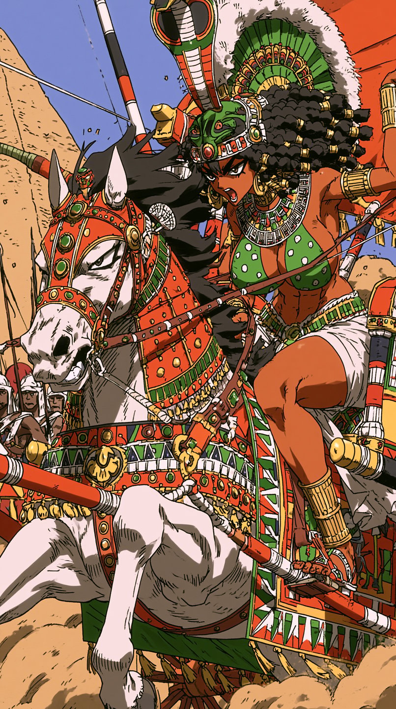 Regal female warrior with a cobra headdress rides a decorated chariot pulled by a white horse.