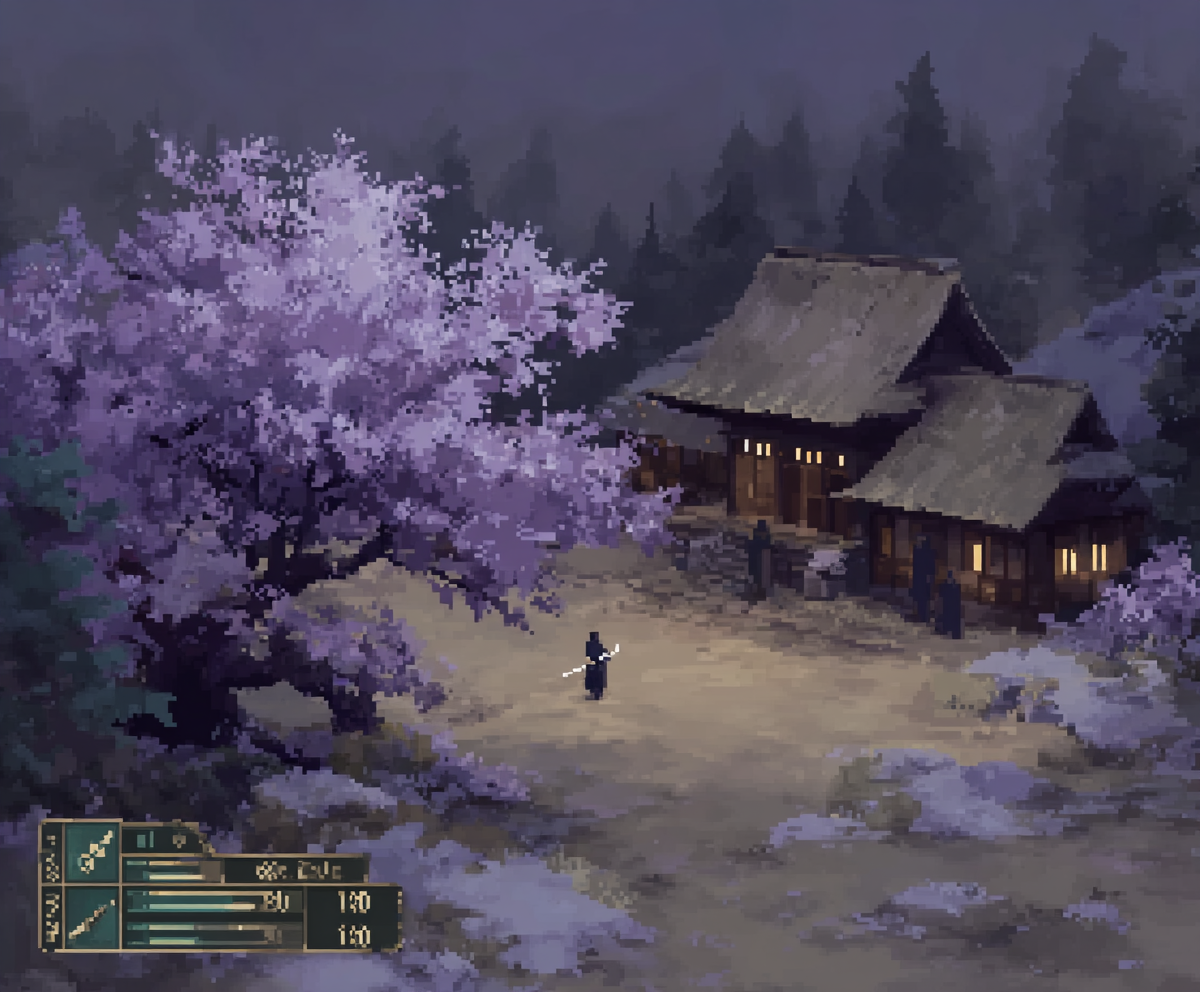 Lone samurai stands in a courtyard before a lit traditional Japanese house under a purple flowering tree.