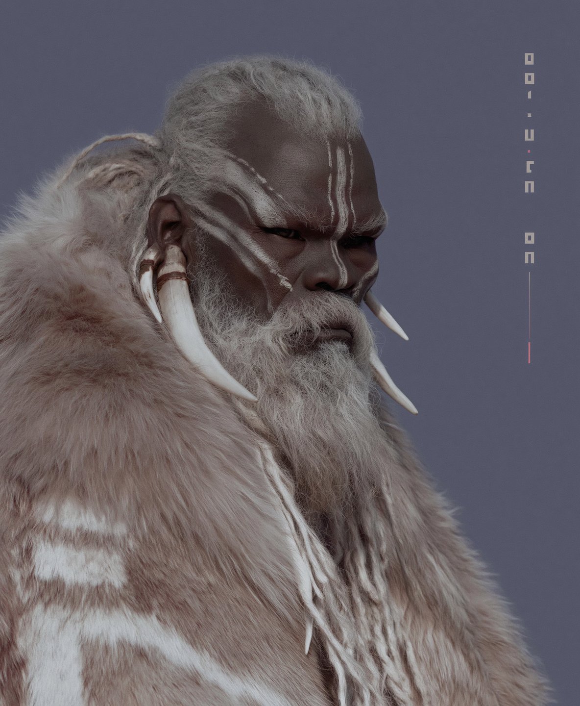 Elder tribal warrior with white face paint, tusk earrings, and a thick fur mantle looking aside.
