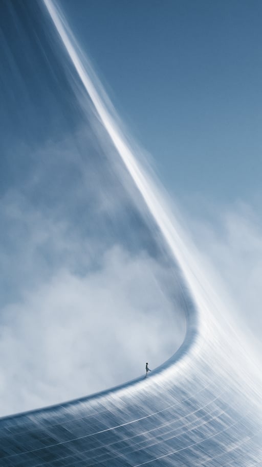 A tiny solitary figure walks along the edge of a massive, curving metallic arch ascending into sky.