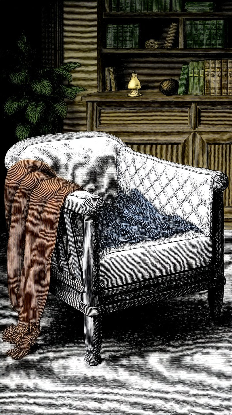 Vintage woodcut engraving of a library armchair with a brown throw blanket beside a full bookshelf.