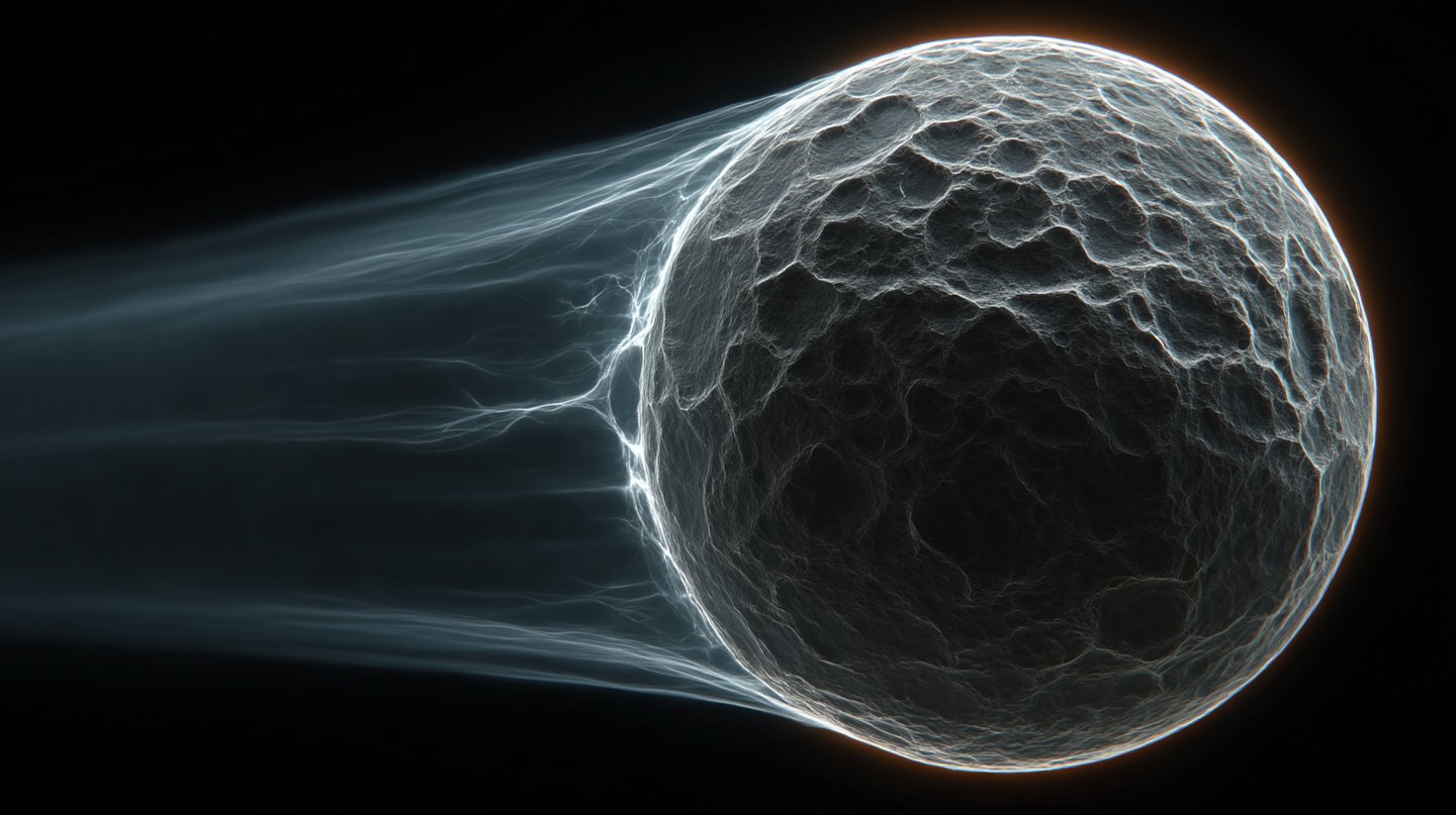 Textured cratered celestial sphere moving across black space with a glowing blue plasma vapor trail.