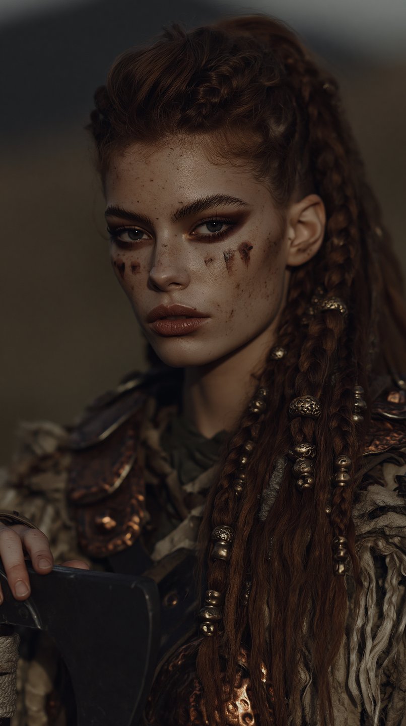 Red-haired female warrior with intricate braids and bronze armor holding an axe in a cinematic portrait.