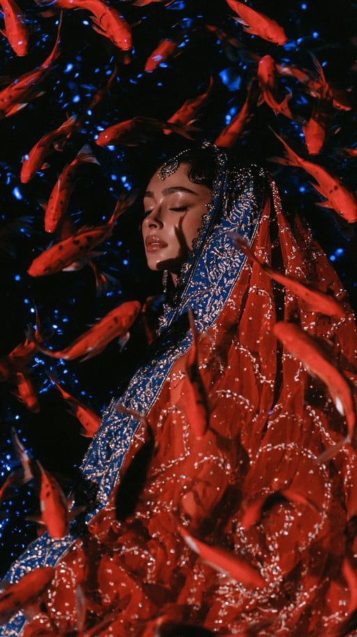 South Asian bride in an embroidered red veil submerged in dark blue water with swirling orange goldfish.