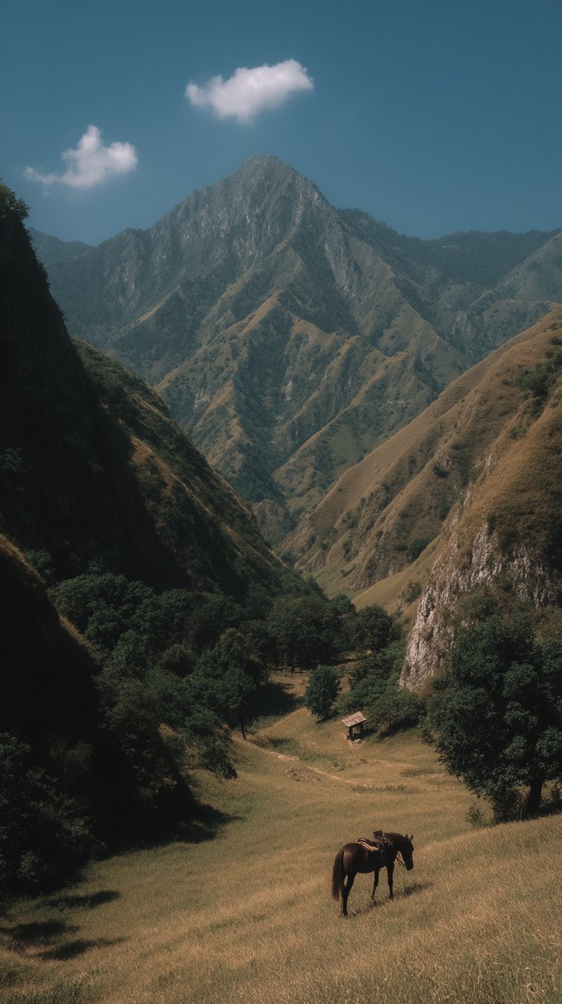 A saddled brown horse grazes in a vast grassy valley below a sharp, sunlit mountain peak.