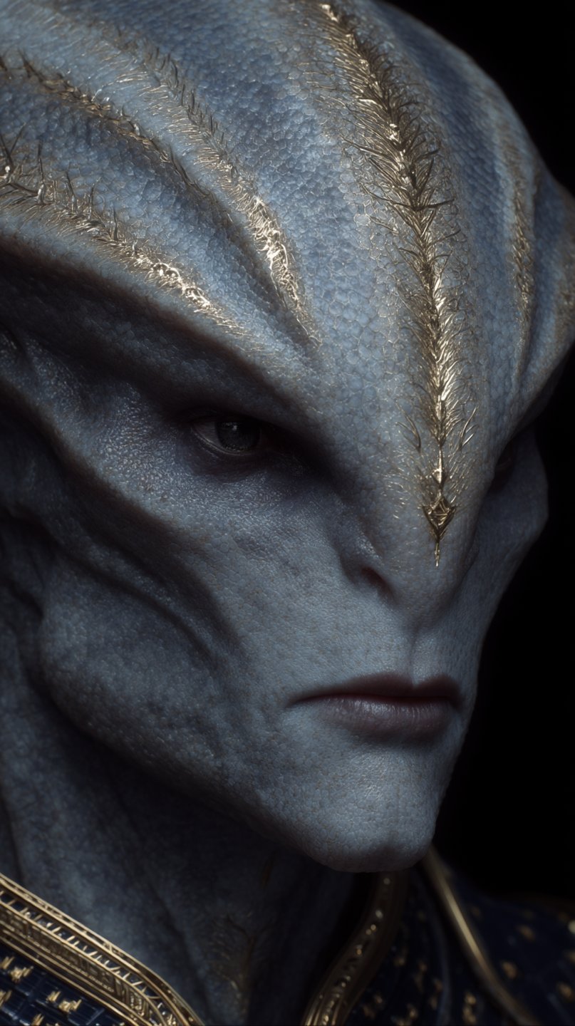 Close-up portrait of a blue-skinned alien with golden cranial ridges and stoic expression against black background.