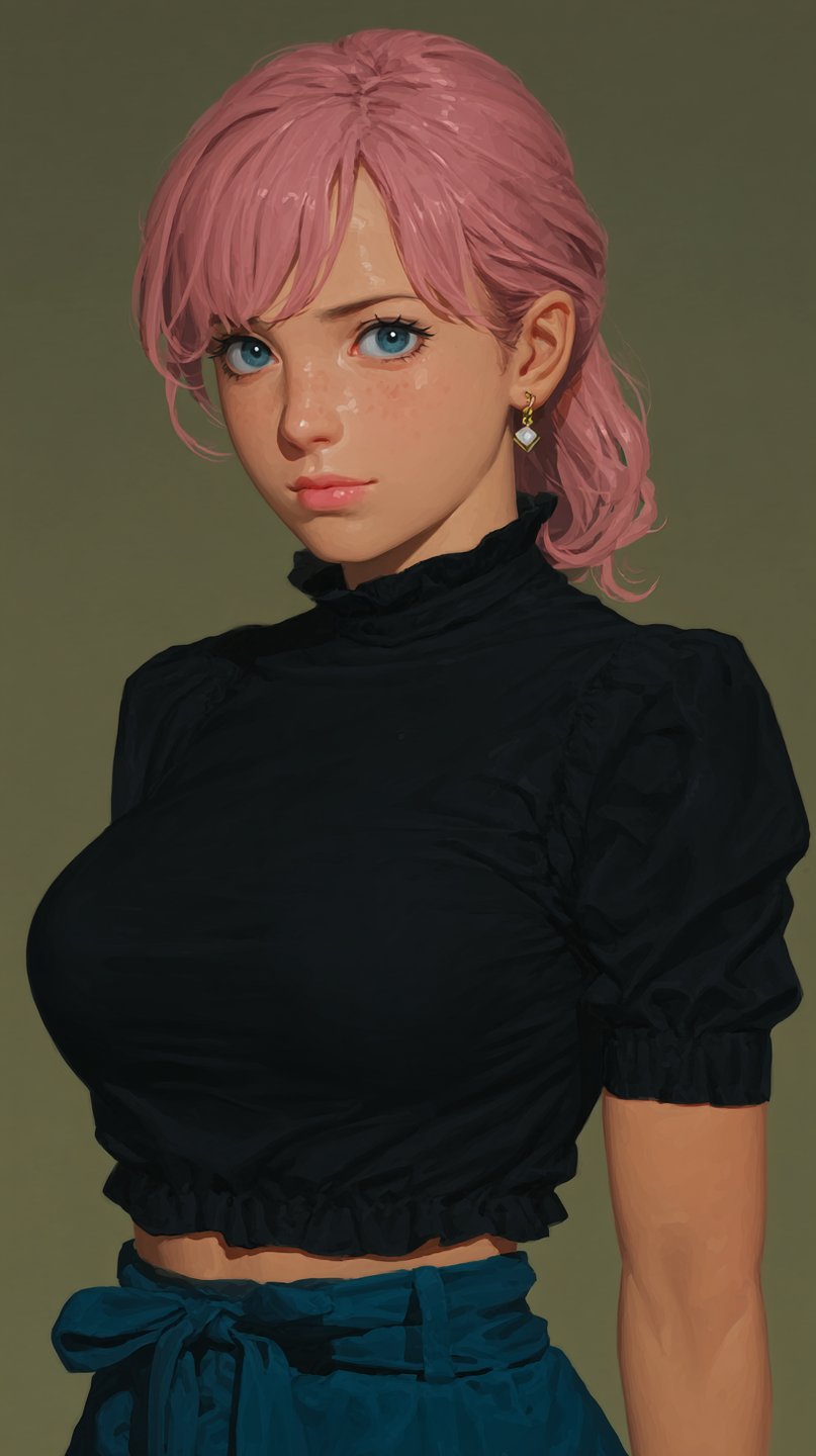 Pink-haired young woman with freckles and blue eyes wears a black ruffled blouse against a sage background.
