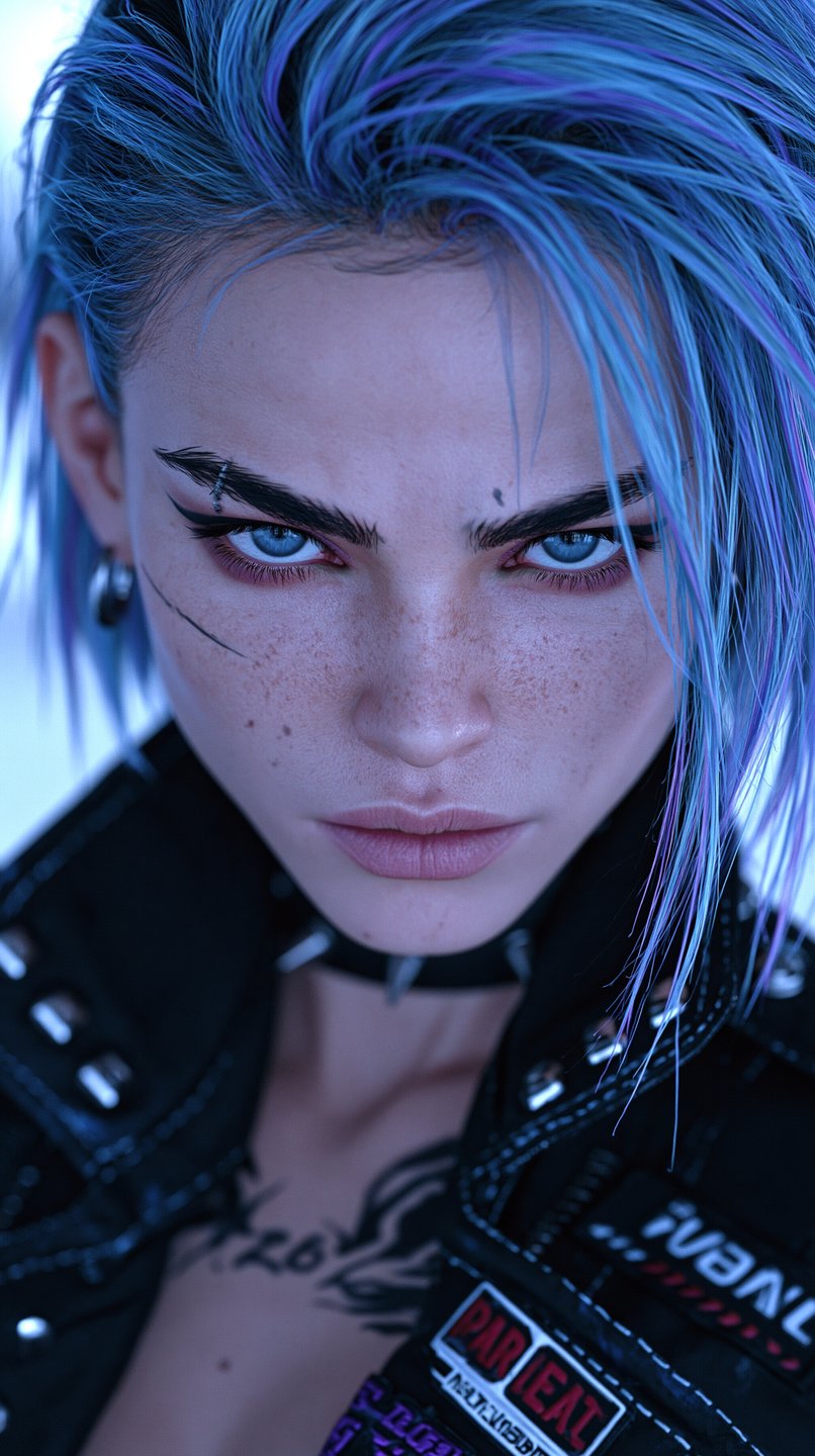 Close-up of a young woman with vibrant blue hair, freckles, and an intense gaze wearing a studded jacket.