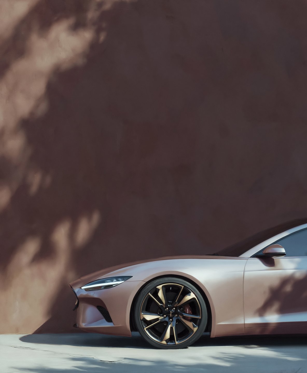 A bronze luxury sports car parked against a warm terracotta wall with dappled tree shadows.