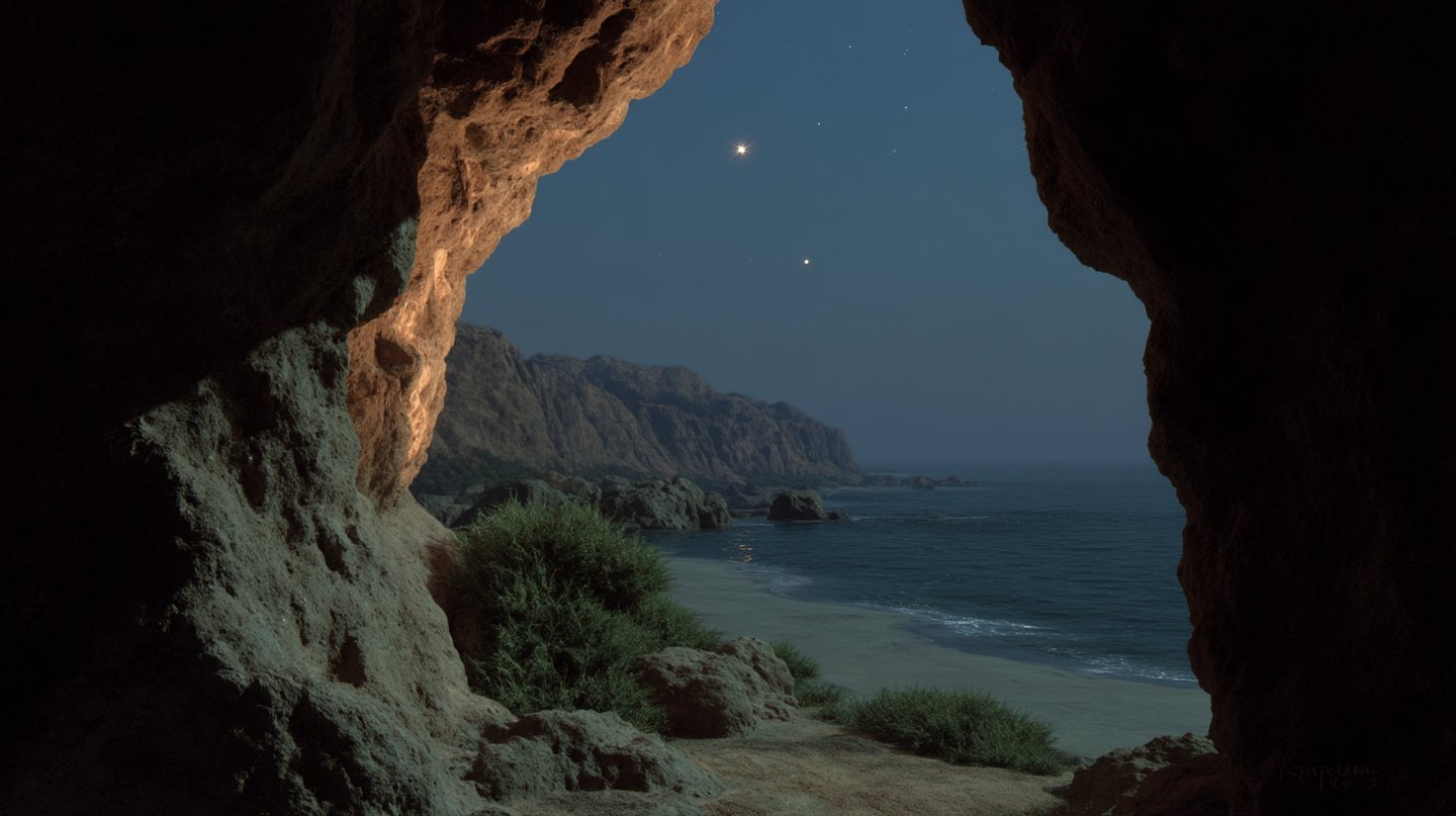 View from a dark cave opening onto a serene beach at night under a clear starry sky.