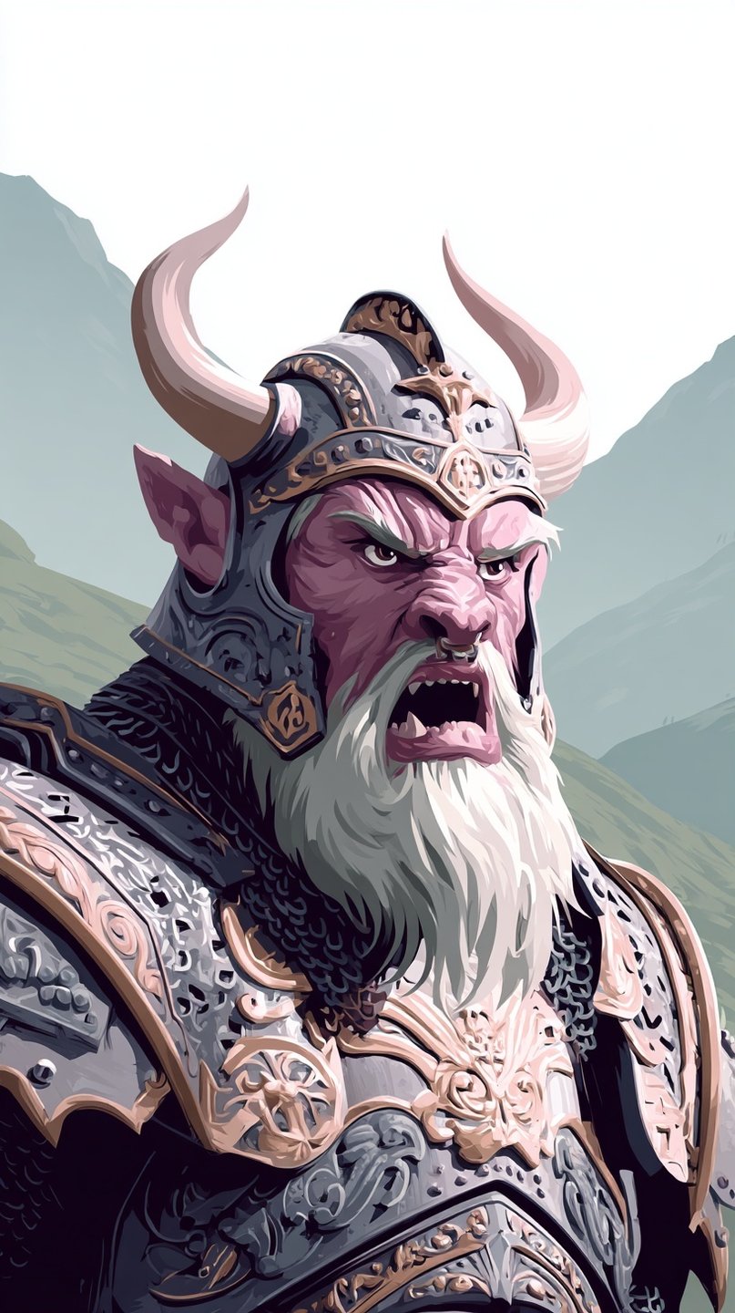 Roaring elder orc warrior wearing ornate silver filigree armor and a horned helmet against a mountain backdrop.