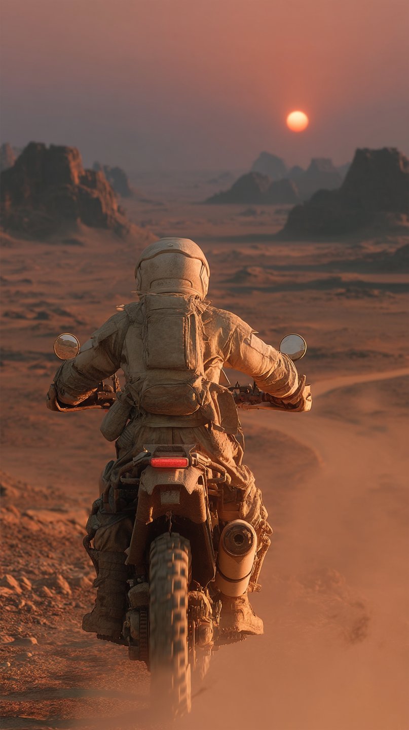 Rear view of a dusty motorcycle rider traveling through a rocky red desert toward a setting sun.