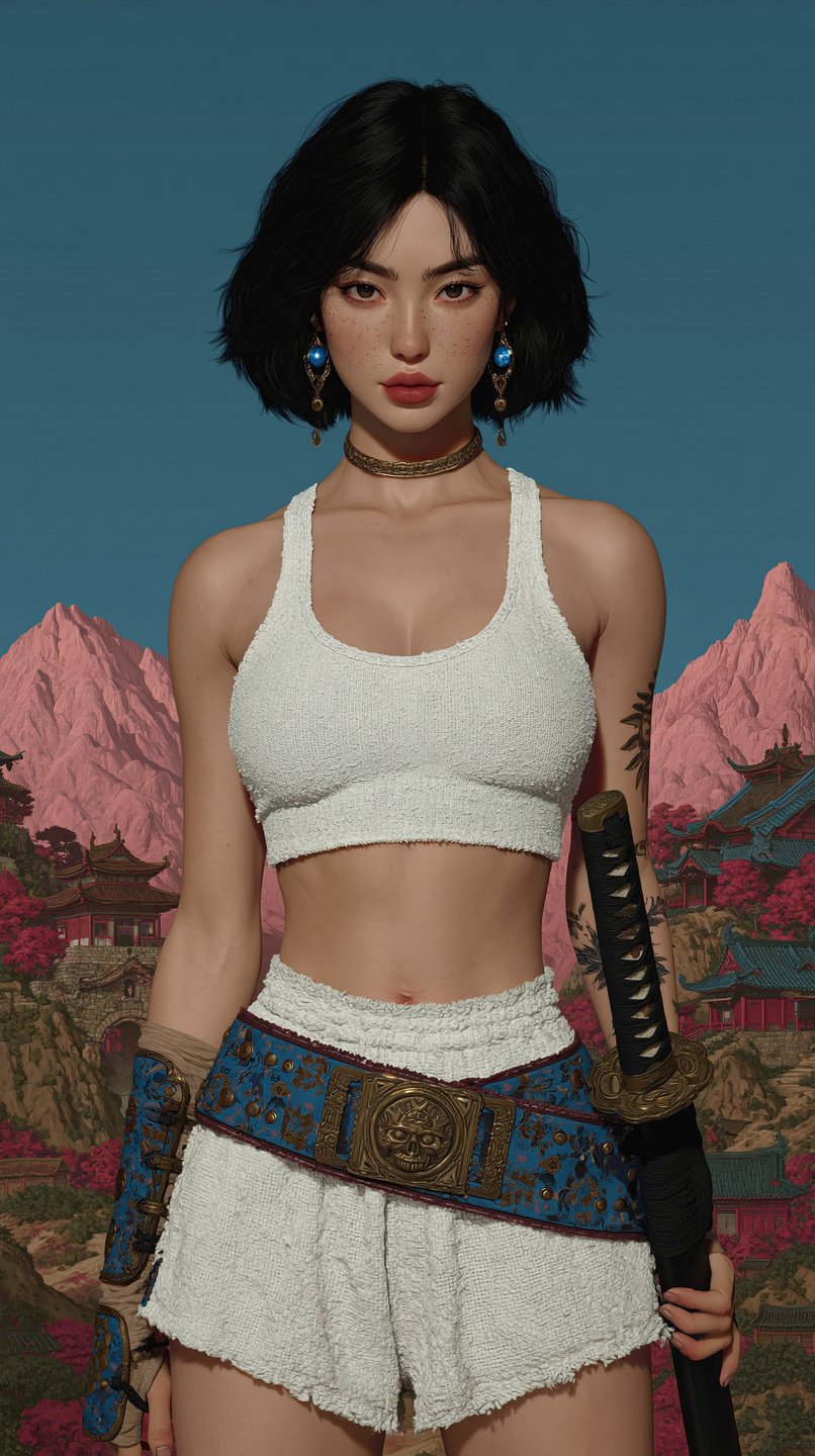 Young female warrior in textured white clothing holding a katana, standing before pink mountains and temples.