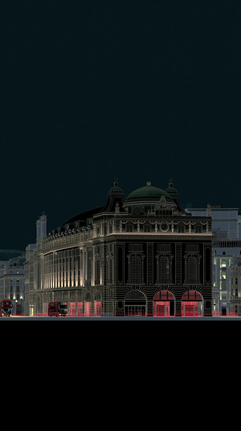 Stylized nocturnal illustration of a neoclassical London building with glowing outlines and red bus light trails.