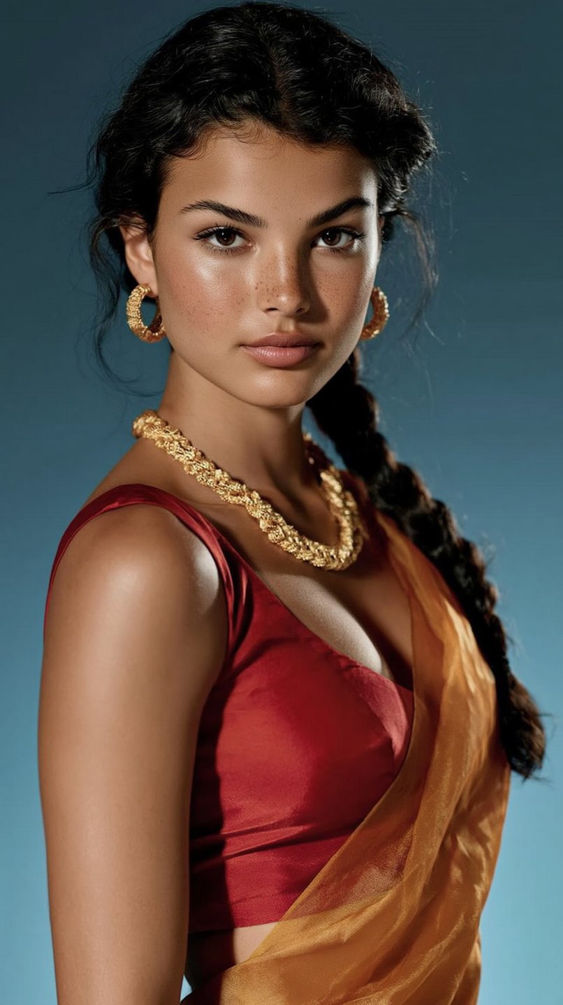 Close-up portrait of a young woman with freckles, wearing heavy gold jewelry and a red and orange sari against a blue background.