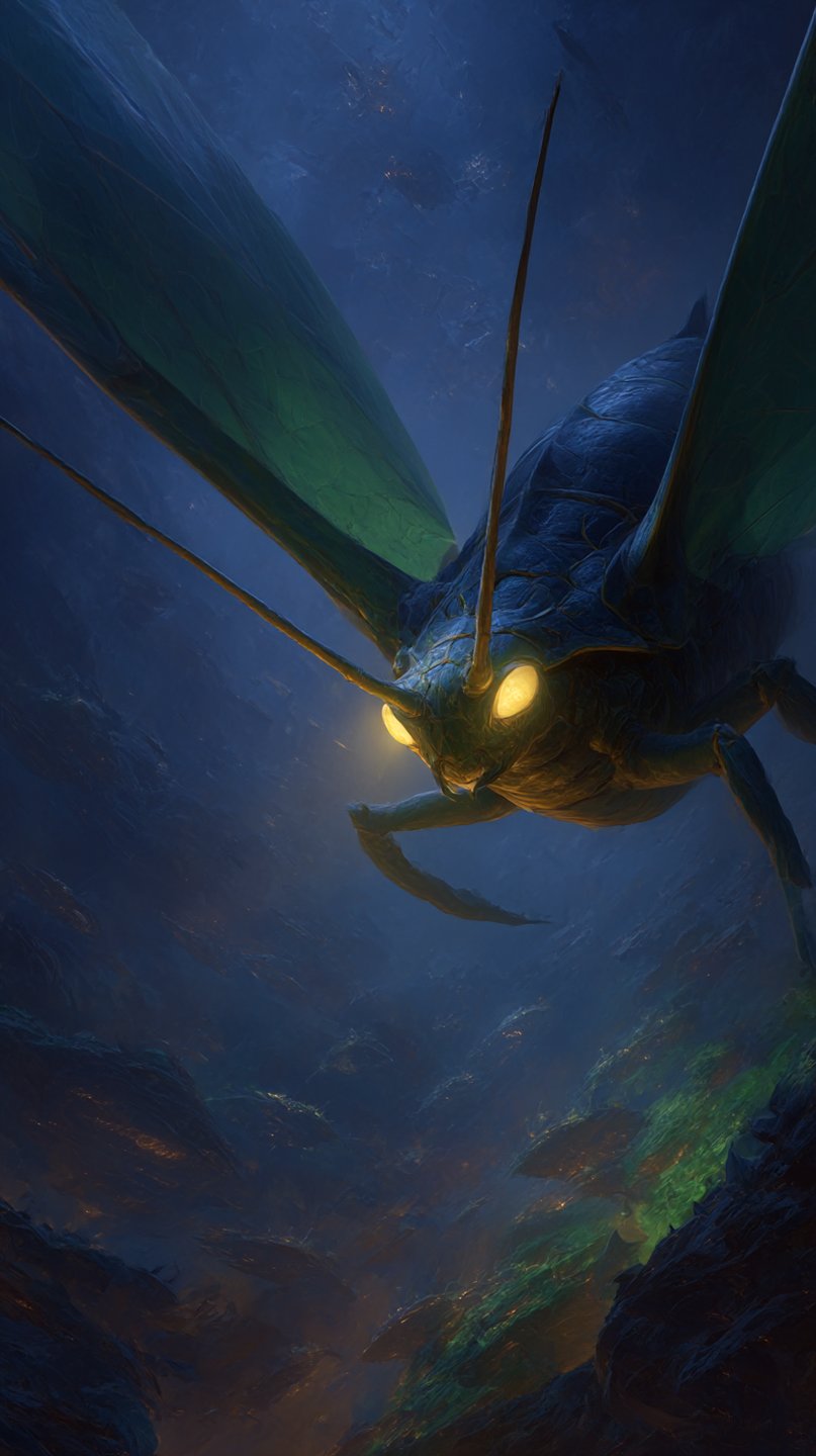 Giant bioluminescent insect with glowing eyes and green wings flying through a dark, rocky subterranean cavern.