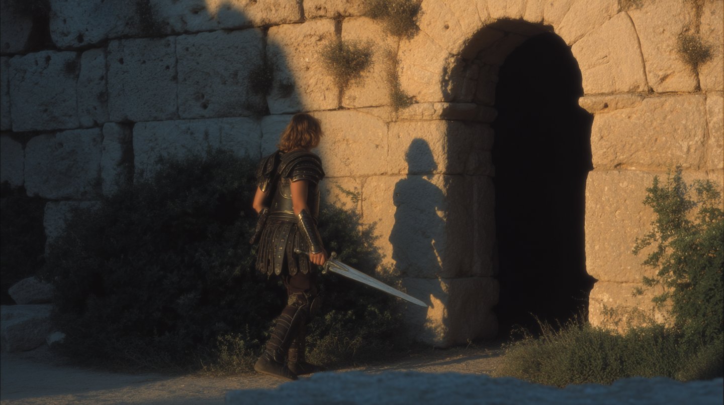 Armored warrior with sword stands before a dark stone archway under warm golden hour sunlight with long shadows.