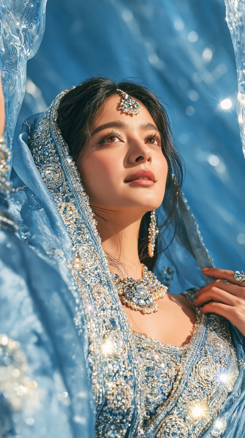 Elegant South Asian woman wearing a shimmering ice-blue lehenga and traditional jewelry inside a glowing ice cave.