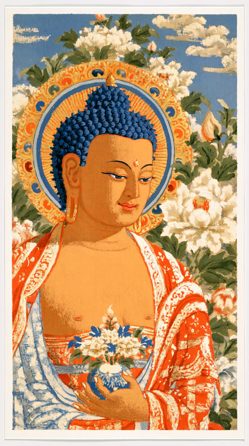 Buddhist thangka style painting of a serene Buddha with blue hair holding a small flower vase.