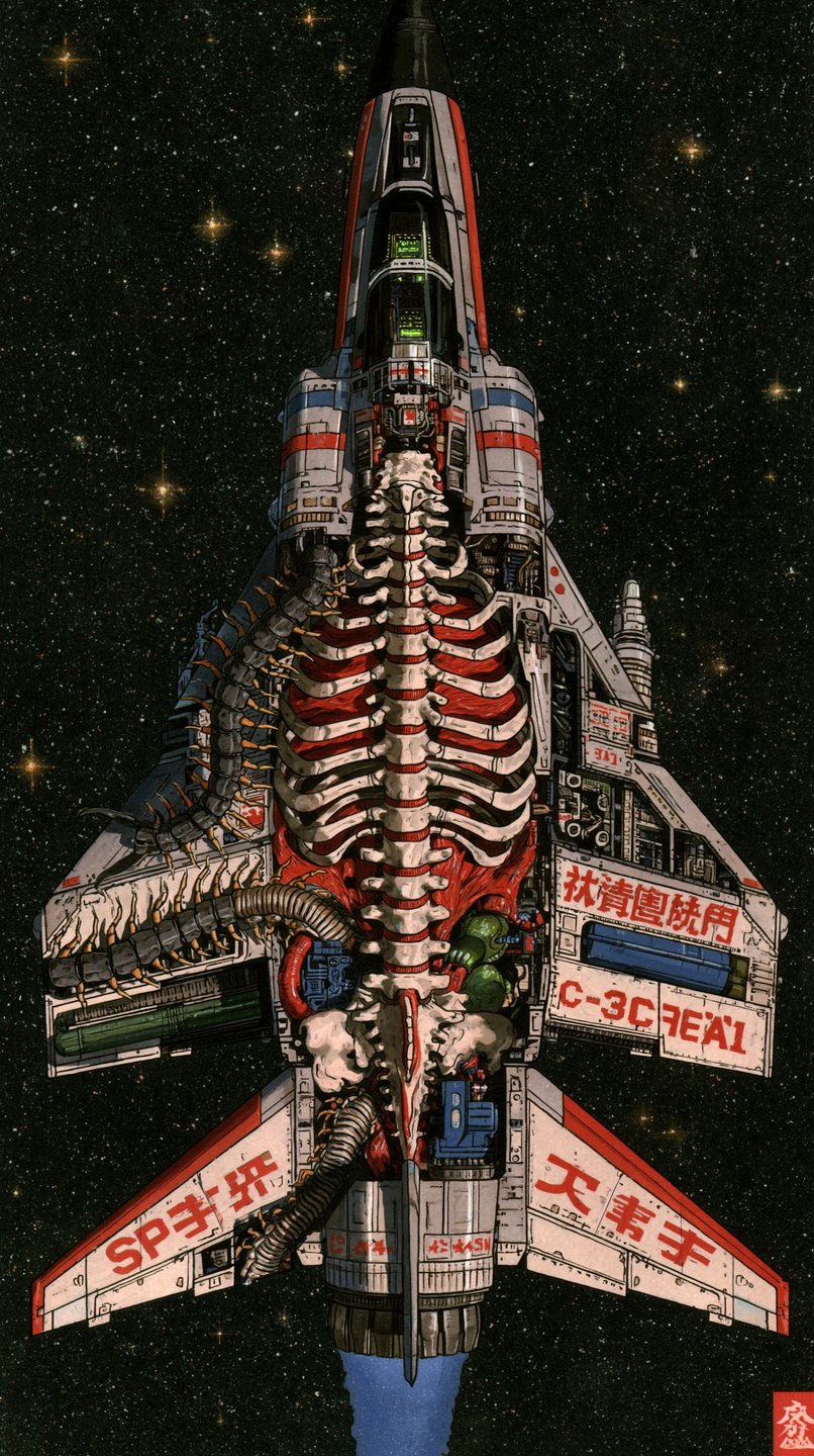 Symmetrical retro-anime illustration of a fighter jet with an exposed human ribcage flying through starry space.