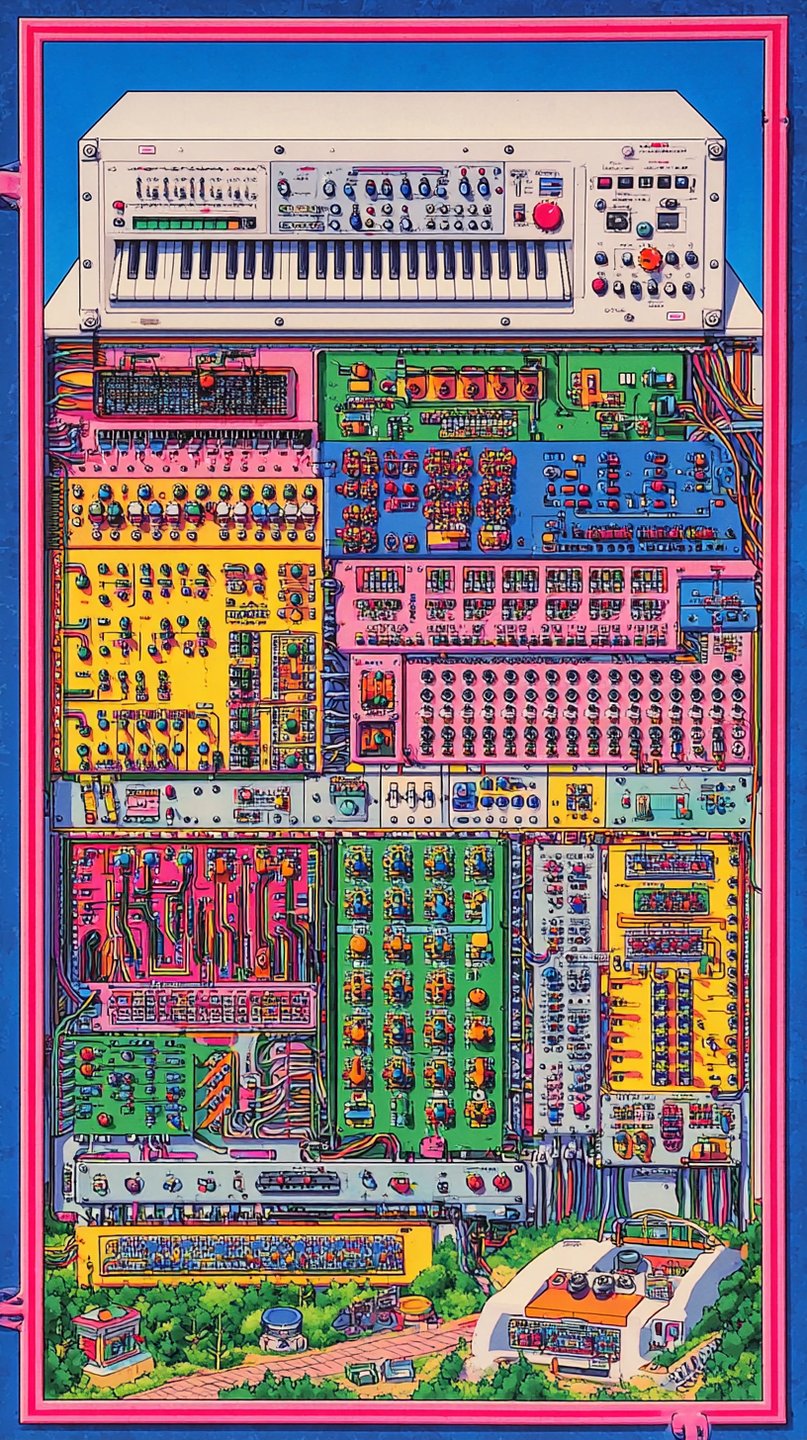 Detailed vertical illustration of a colorful modular synthesizer stacked atop intricate circuit boards and a miniature landscape.