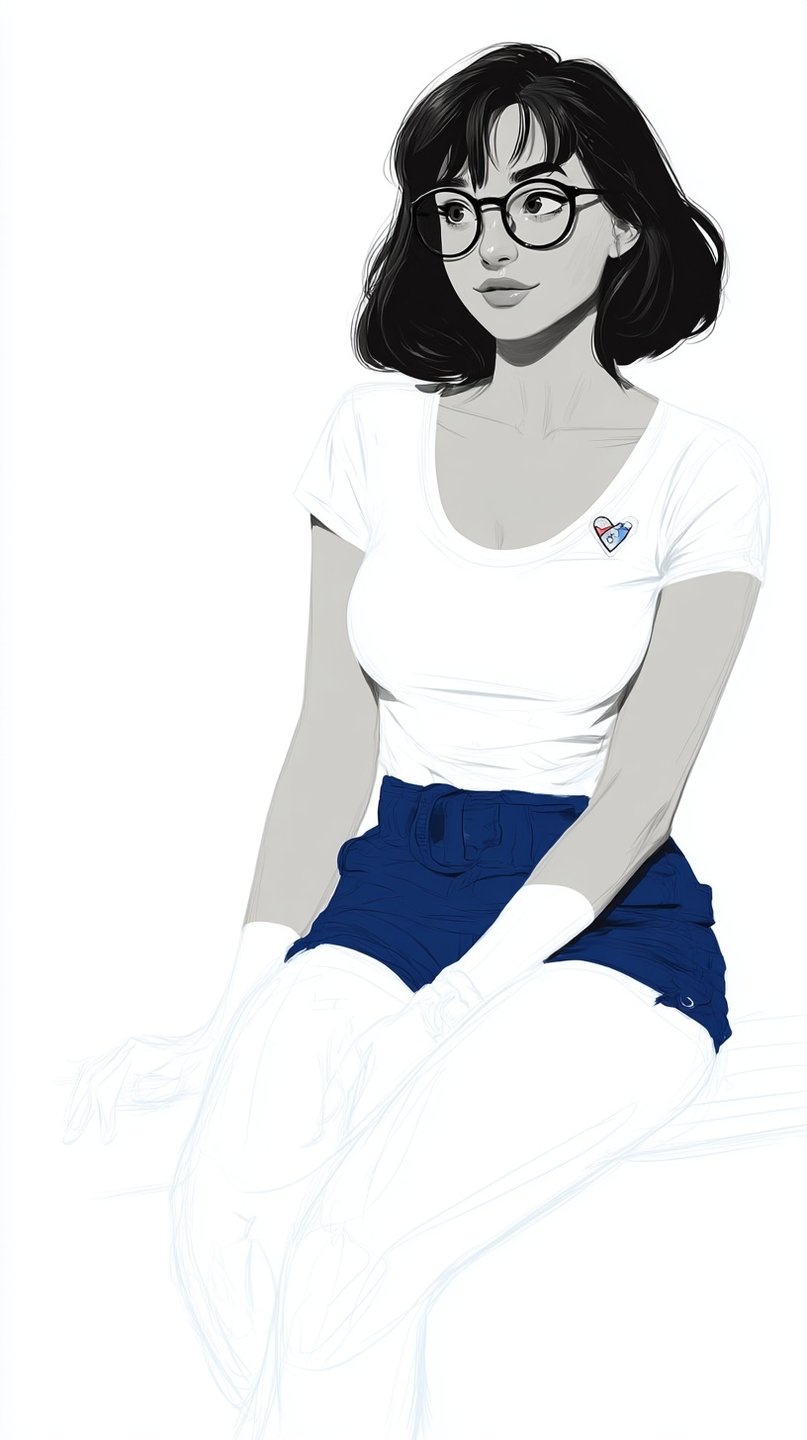Young woman with dark bobbed hair and round glasses wearing a white t-shirt and blue shorts.