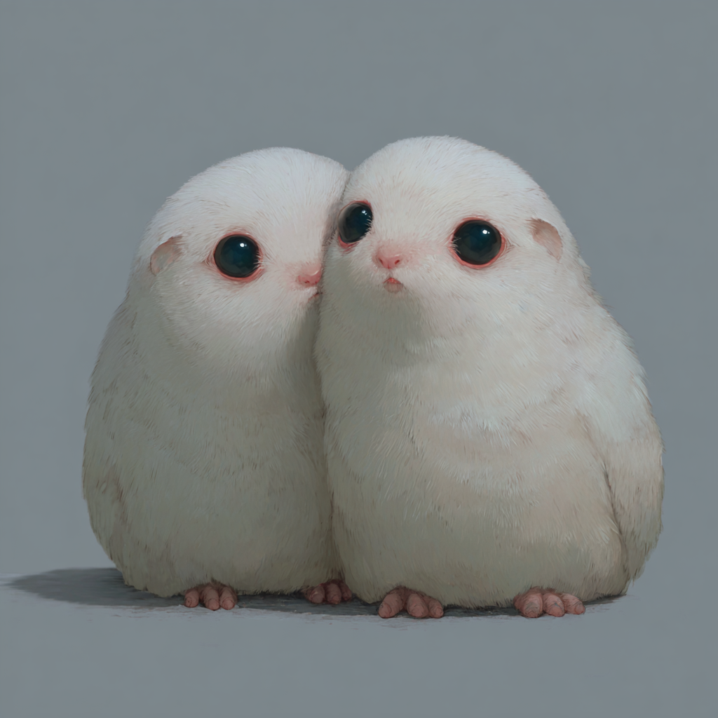 Two round white fluffy creatures with large black eyes huddle together on a neutral gray background.