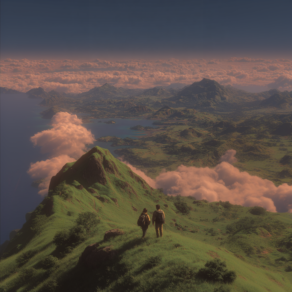 Two hikers on a grassy ridge look out over a vast island landscape under a sunset sky.