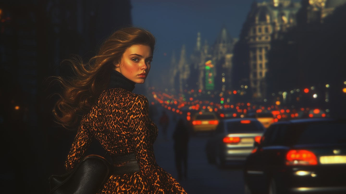 Woman in leopard print dress looks back on a busy city street with blurred car taillights at night.