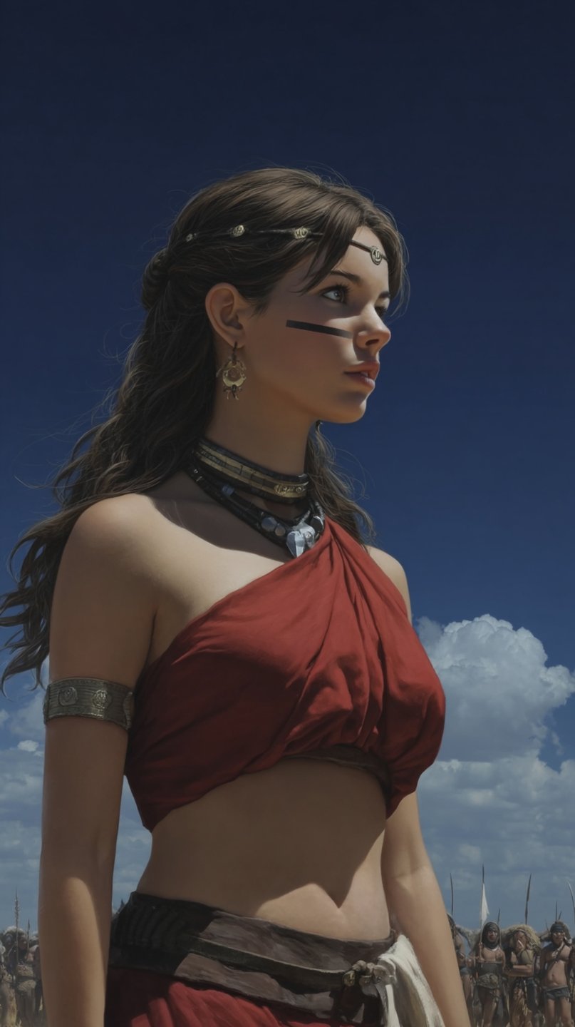 Young woman in red ancient attire and bronze jewelry gazing intently against a deep blue sky.