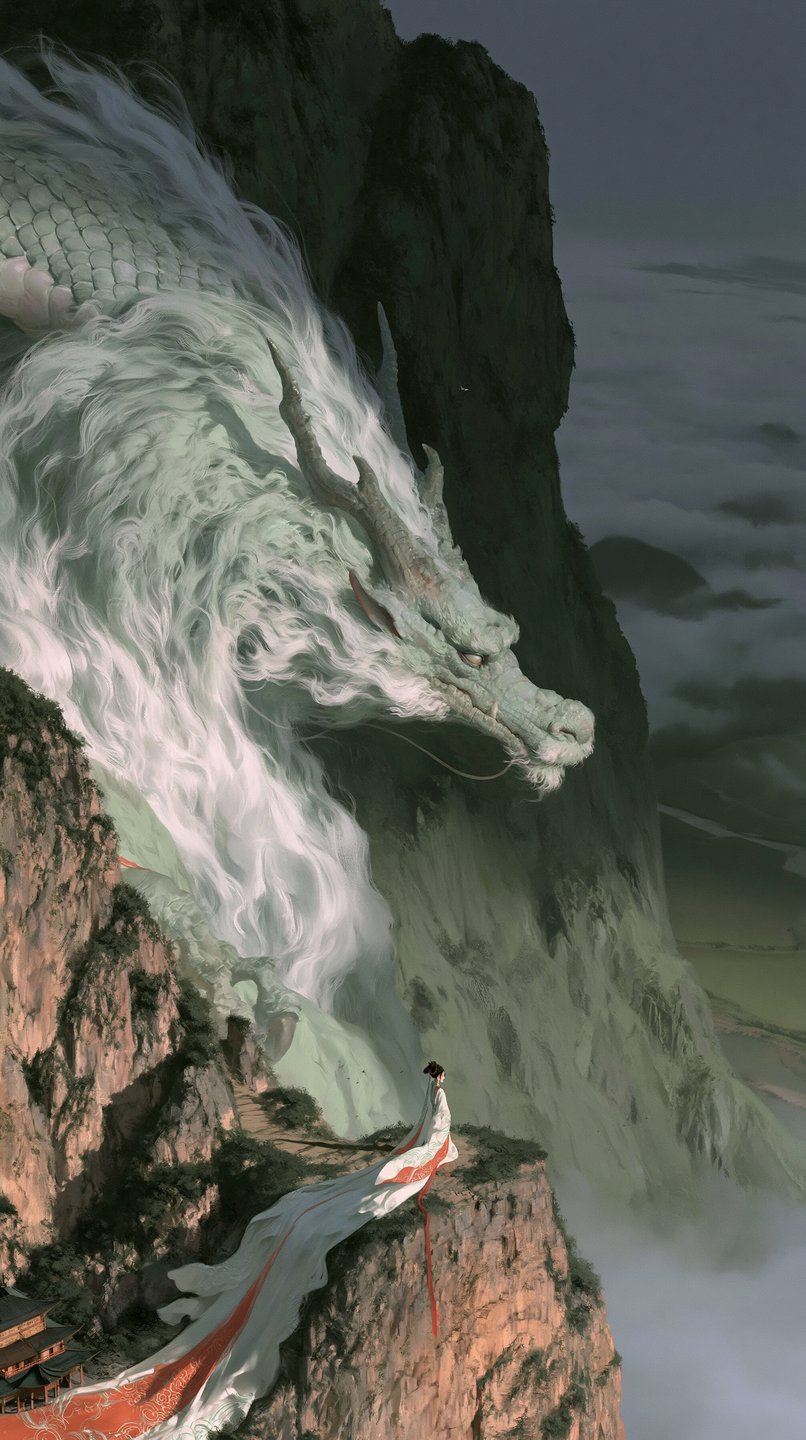 Colossal white dragon on a misty mountain cliff gazing down at a woman in a flowing gown.