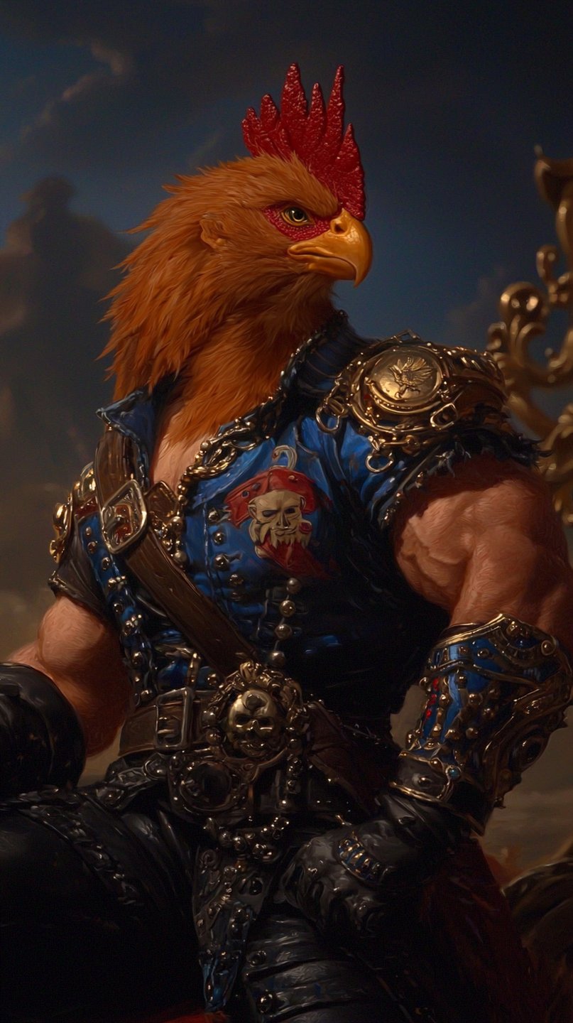 Muscular anthropomorphic rooster warrior wearing ornate blue and gold armor with skull emblems against a dark sky.