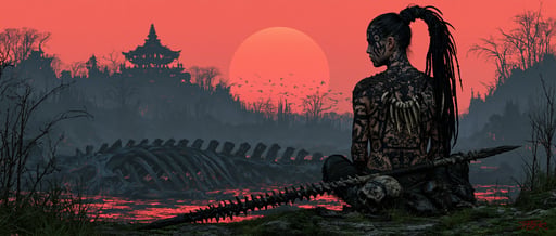 Tattooed female warrior sits with a bone spear, watching a massive red sun set behind a distant temple.