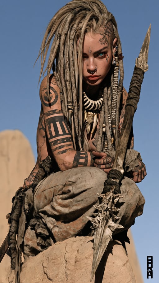 Tattooed tribal warrior woman with dreadlocks crouches on a desert rock holding a bone-tipped spear.