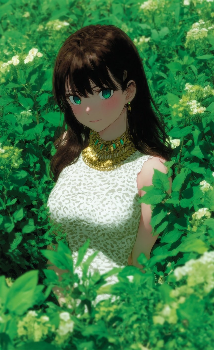 Young woman with emerald eyes and gold necklace stands centered within dense green garden foliage and white flowers.