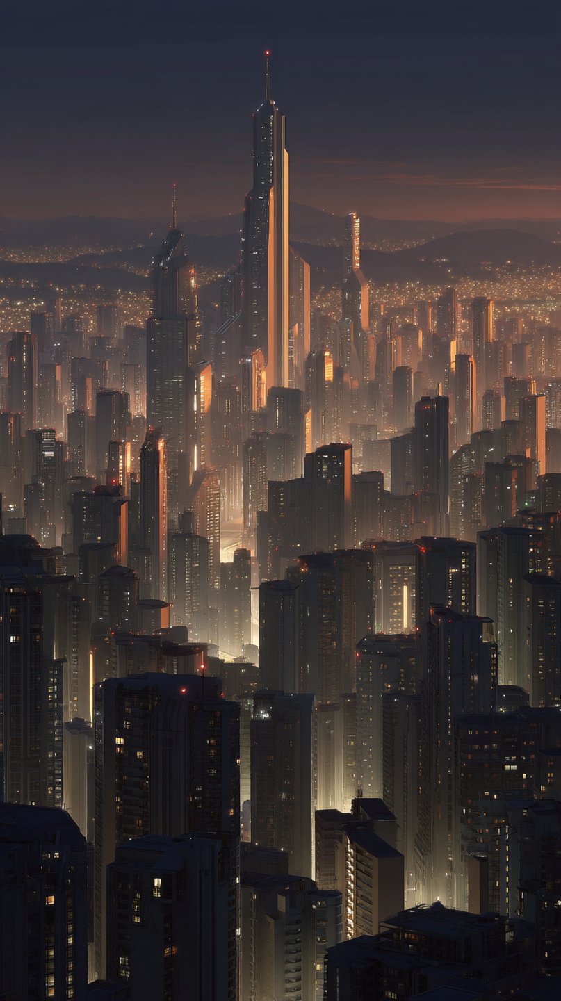 A towering central spire dominates a dense futuristic cityscape glowing with golden lights under a twilight sky.