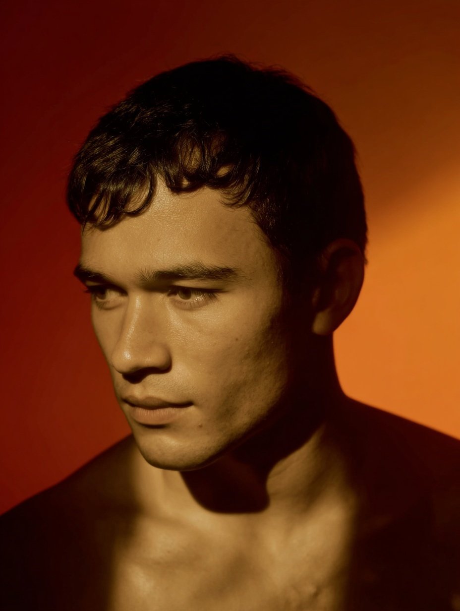 Close-up portrait of a young man in dramatic amber lighting with deep shadows and contemplative expression.