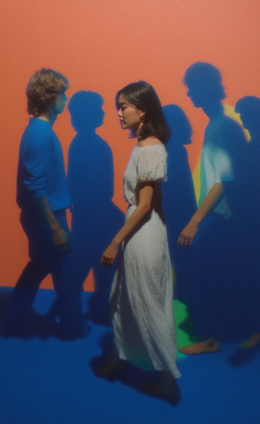 Woman in white dress walks between two men amidst vibrant orange light and blue overlapping shadows.