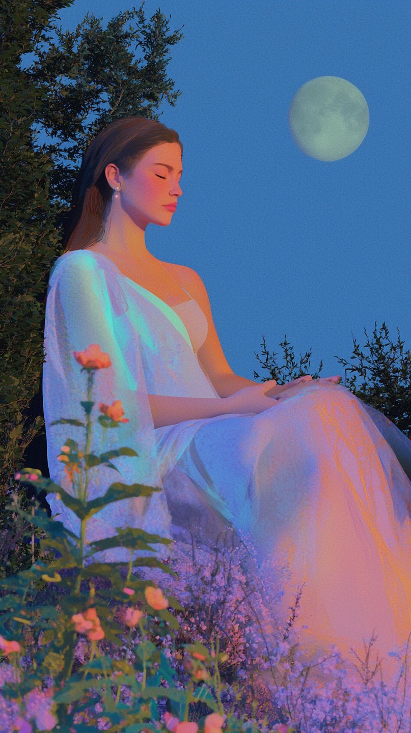 Serene woman in a shimmering gown meditates in a moonlit garden surrounded by vibrant nocturnal flowers.