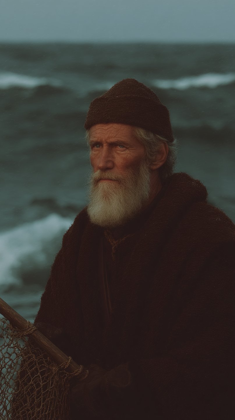 Weathered elderly fisherman with a white beard holding a fishing net against a dark, crashing ocean waves background.