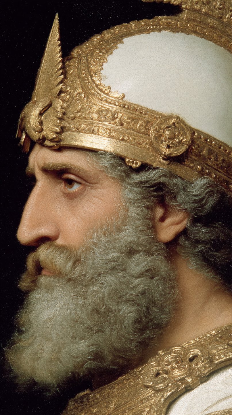 Profile of bearded man wearing ornate golden helmet against black background in classical oil painting style