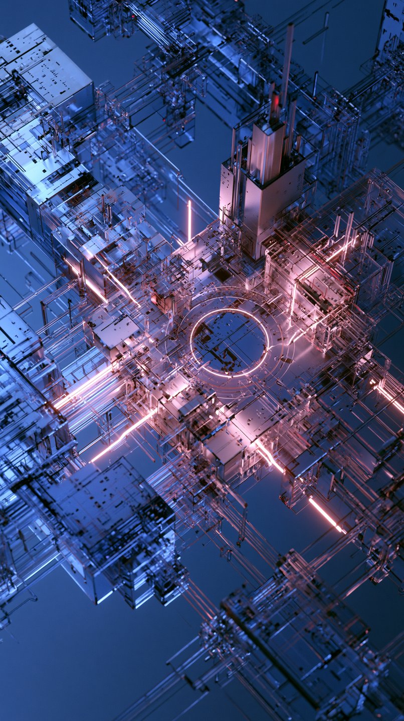 Abstract 3D render of a glass cybernetic structure with glowing pink neon circuits and a central ring.