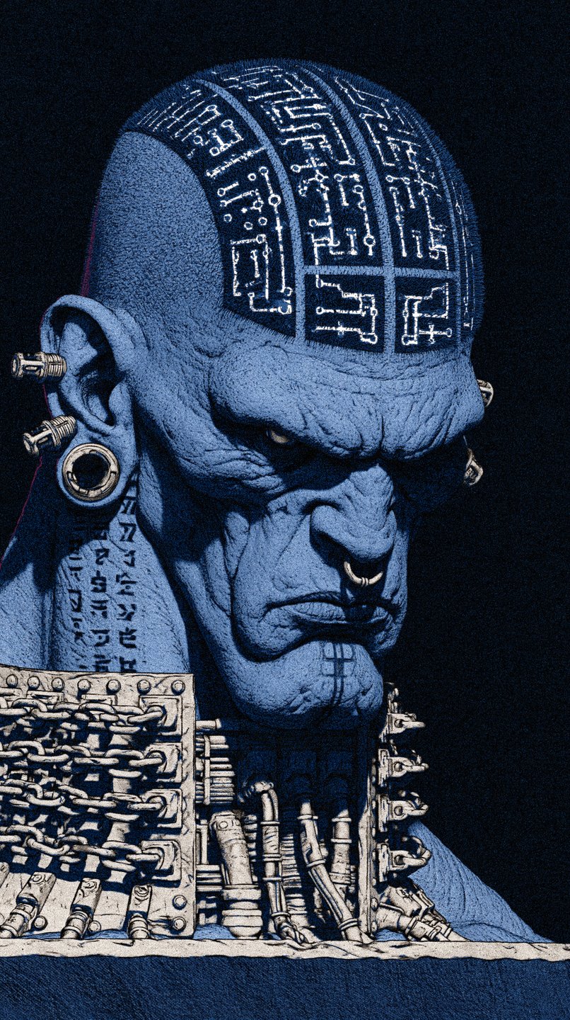 Blue-skinned cyborg warrior with circuit tattoos on his head and a heavy metal collar looking downward.