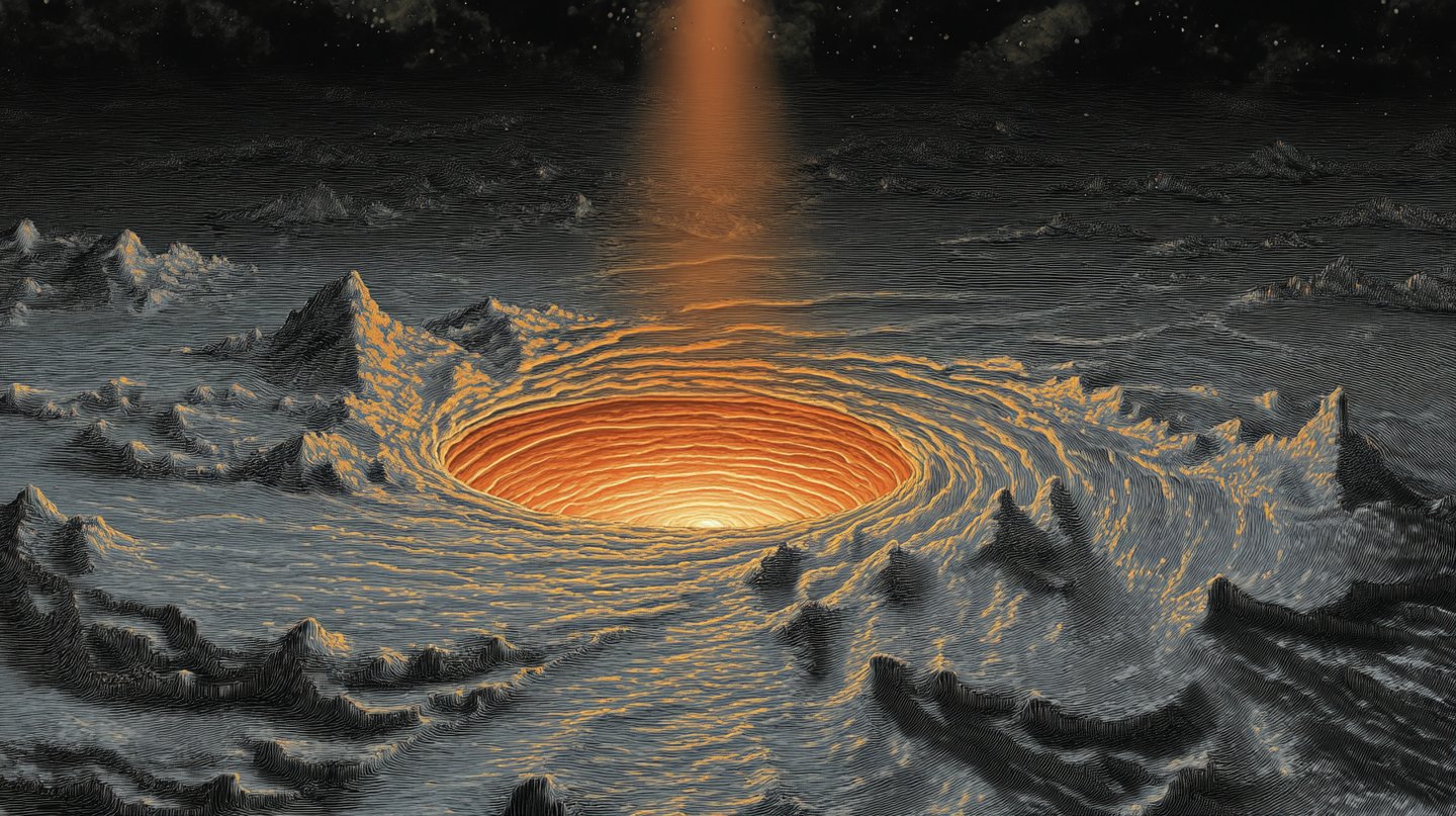 A vast etched extraterrestrial landscape with a massive glowing terraced crater emitting a beam of orange light.